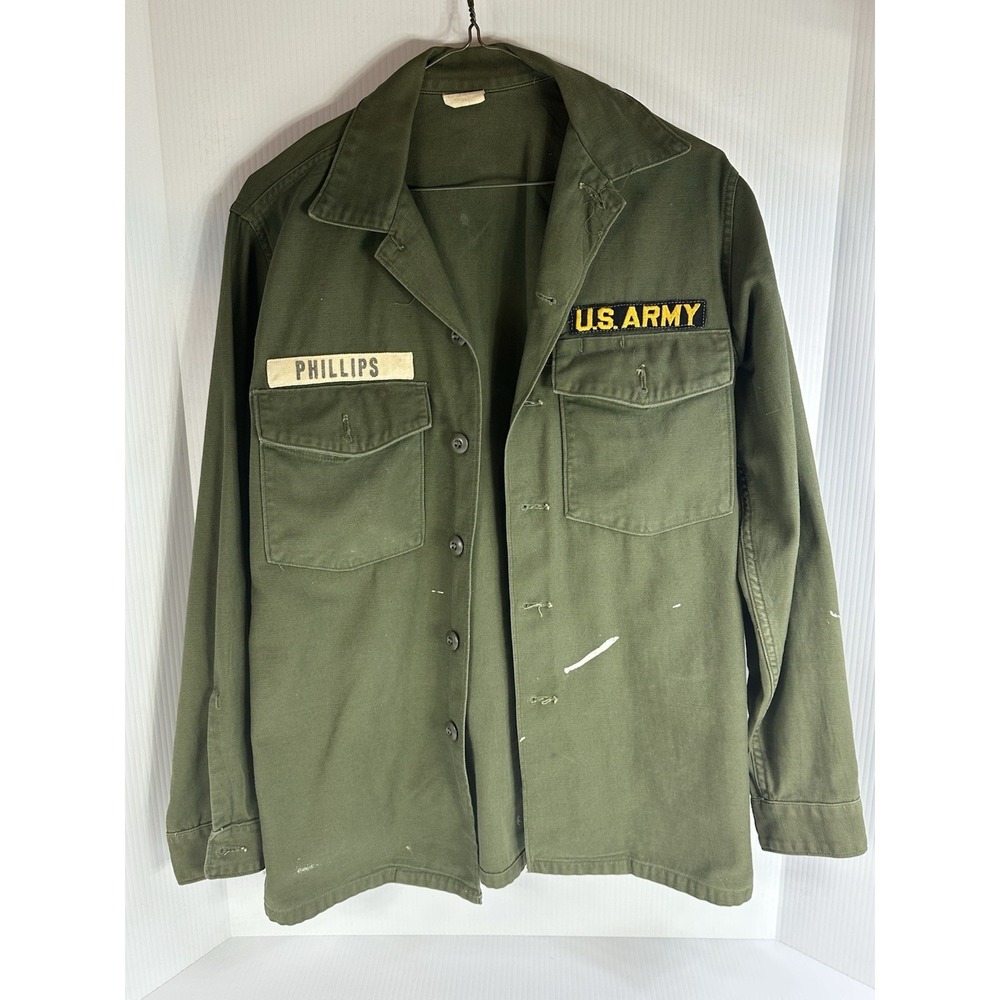 VTG 70s US Army Utility Field Shirt OG-107 Cotton Sateen 15.5 x 33 Olive Drab